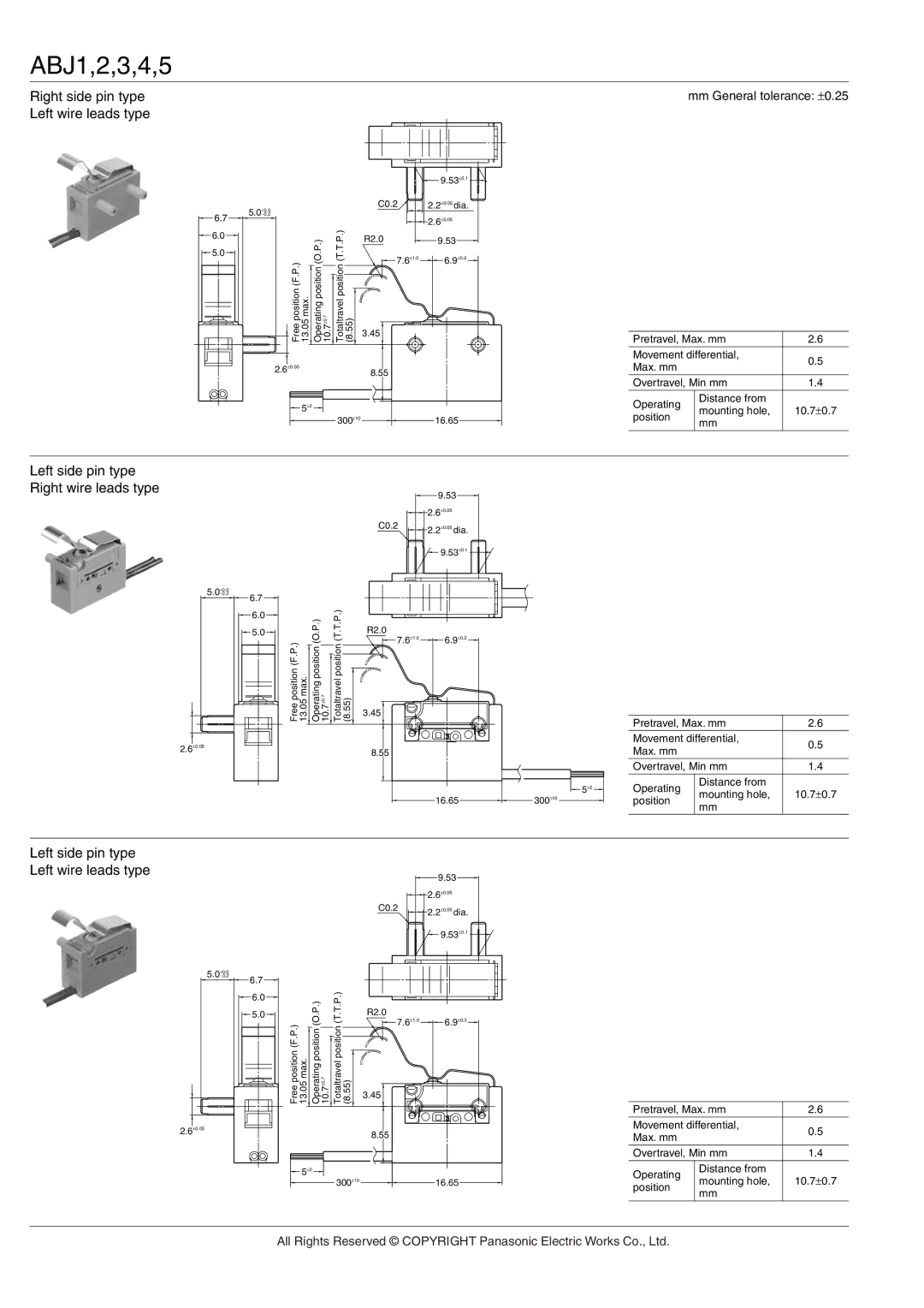 Panasonic ABJ manual Right side pin type, Left wire leads type, Left side pin type Right wire leads type 