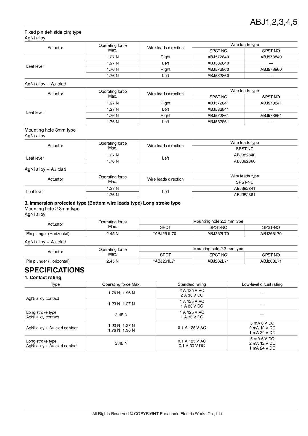 Panasonic ABJ Specifications, Fixed pin left side pin type AgNi alloy, Mounting hole 3mm type AgNi alloy, Contact rating 