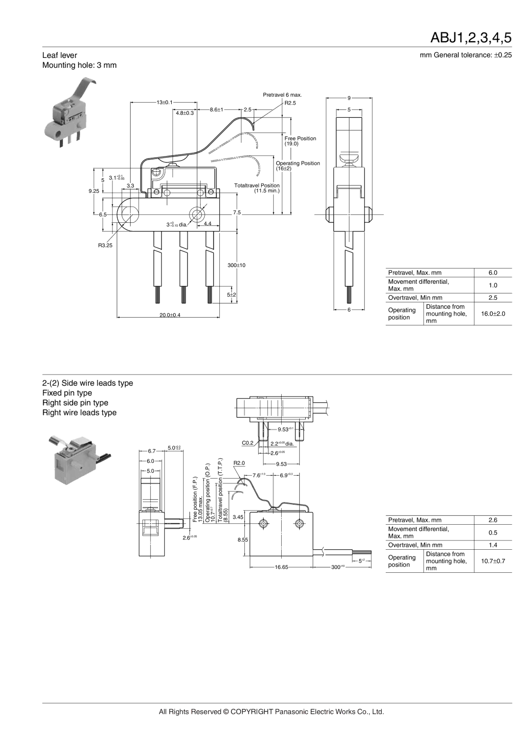 Panasonic ABJ manual Leaf lever, Mounting hole 3 mm 