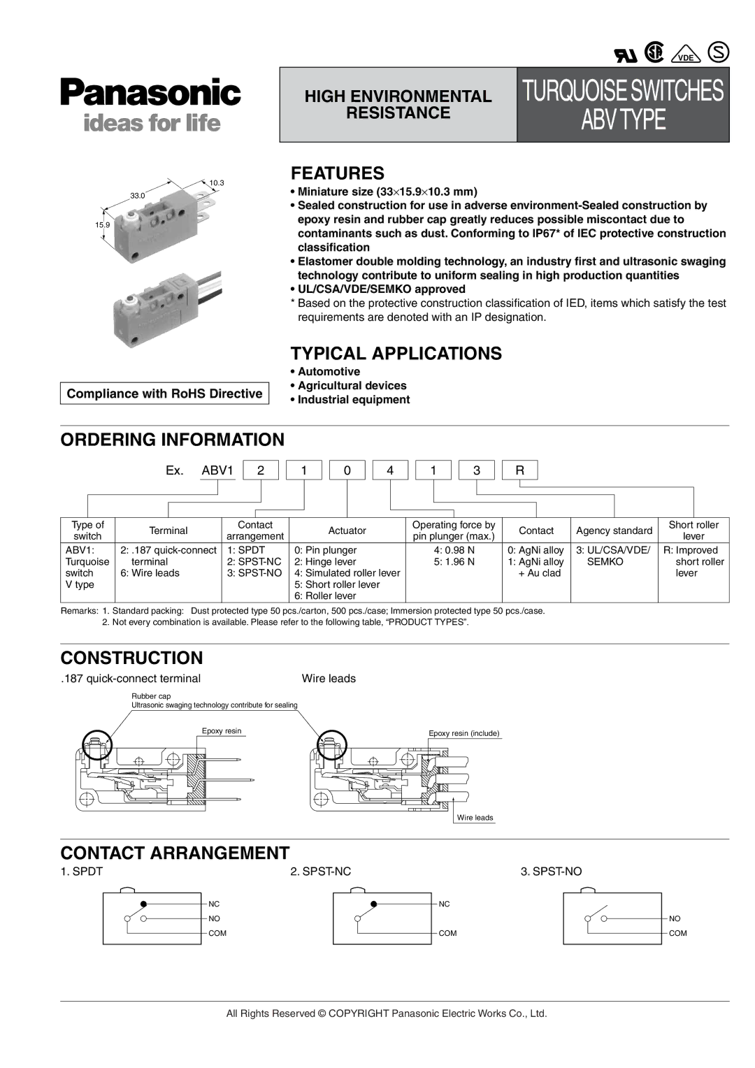 Panasonic ABV manual Features, Typical Applications, Ordering Information, Construction, Contact Arrangement 