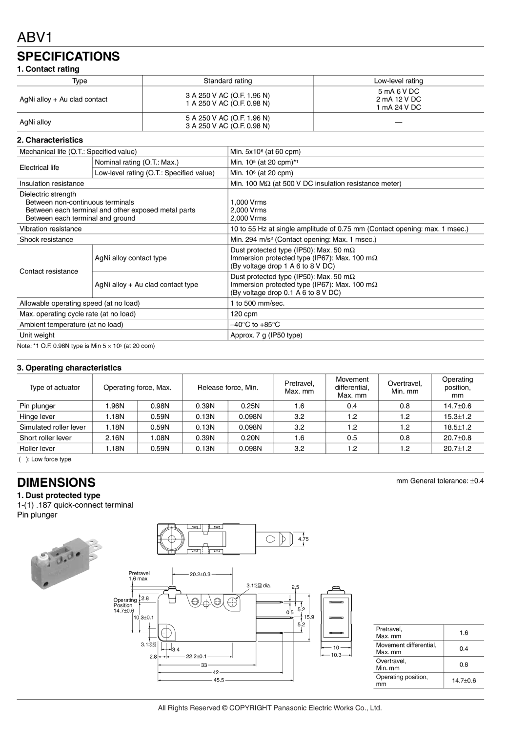 Panasonic ABV manual Specifications, Dimensions 