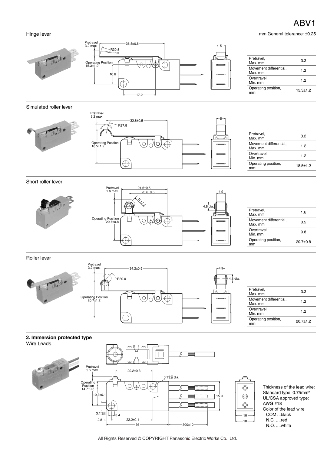 Panasonic ABV Hinge lever, Simulated roller lever, Short roller lever, Roller lever, Immersion protected type Wire Leads 