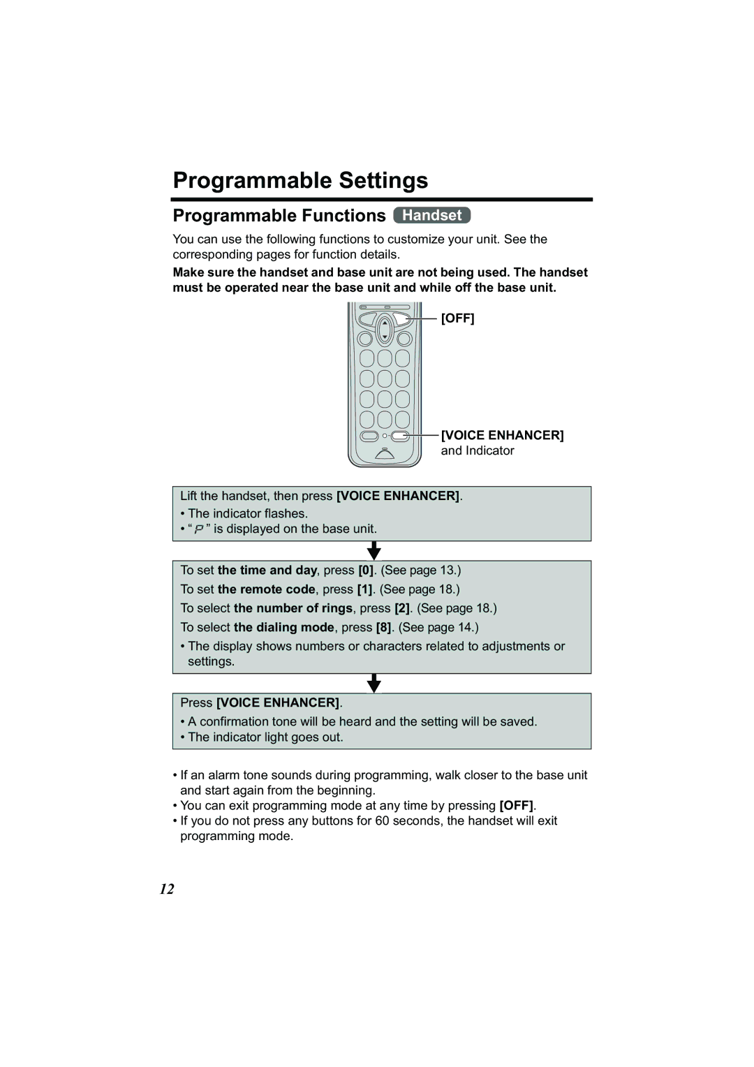 Panasonic Acr14CF.tmp manual Programmable Settings, Programmable Functions Handset, Off, Press Voice Enhancer 