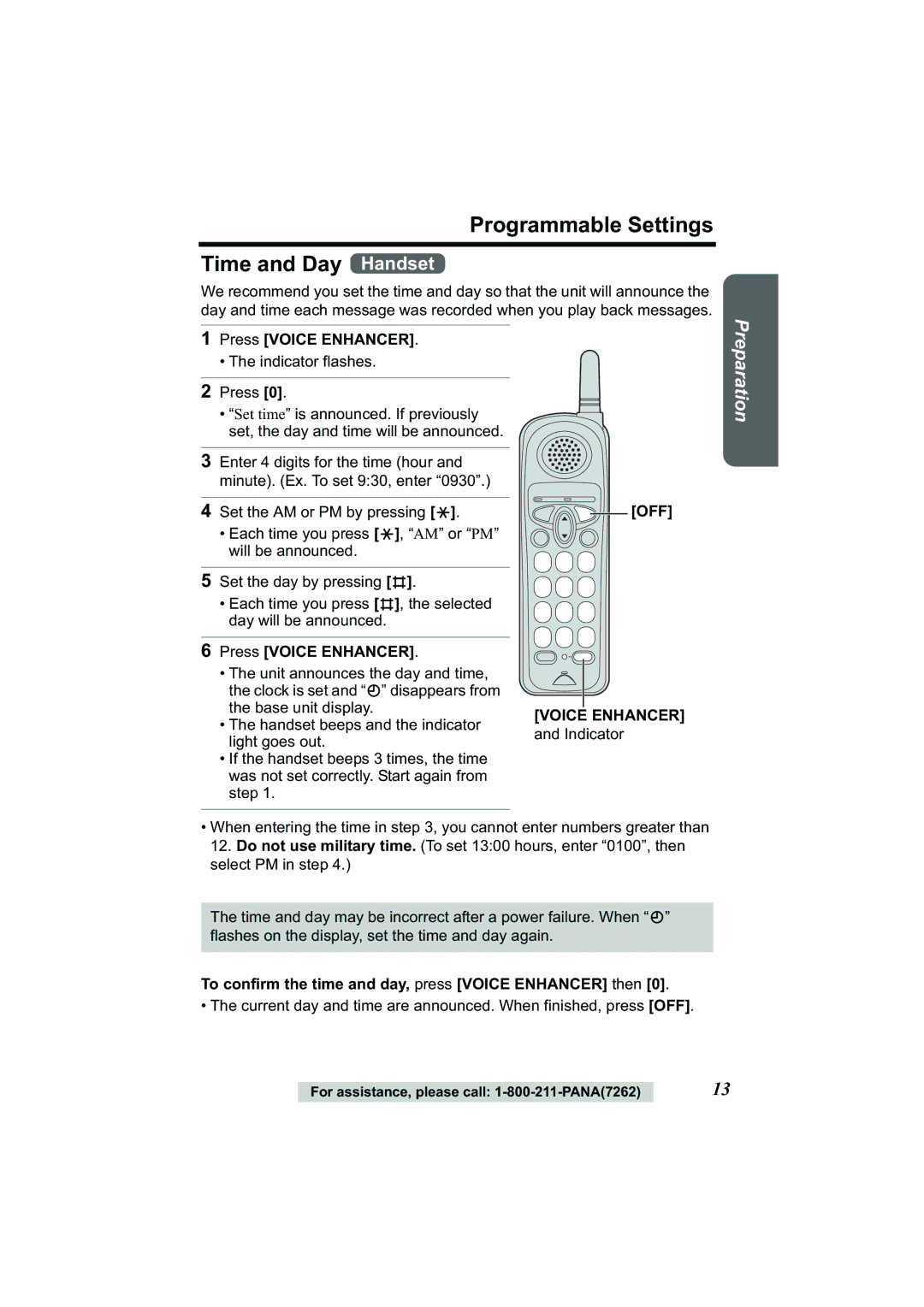 Panasonic Acr14CF.tmp Programmable Settings Time and Day Handset, To confirm the time and day, press Voice Enhancer then 