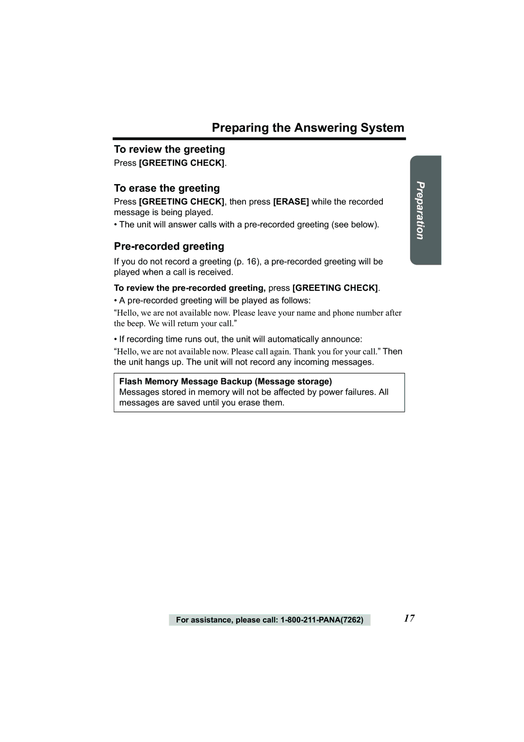 Panasonic Acr14CF.tmp Preparing the Answering System, To review the greeting, To erase the greeting, Pre-recorded greeting 