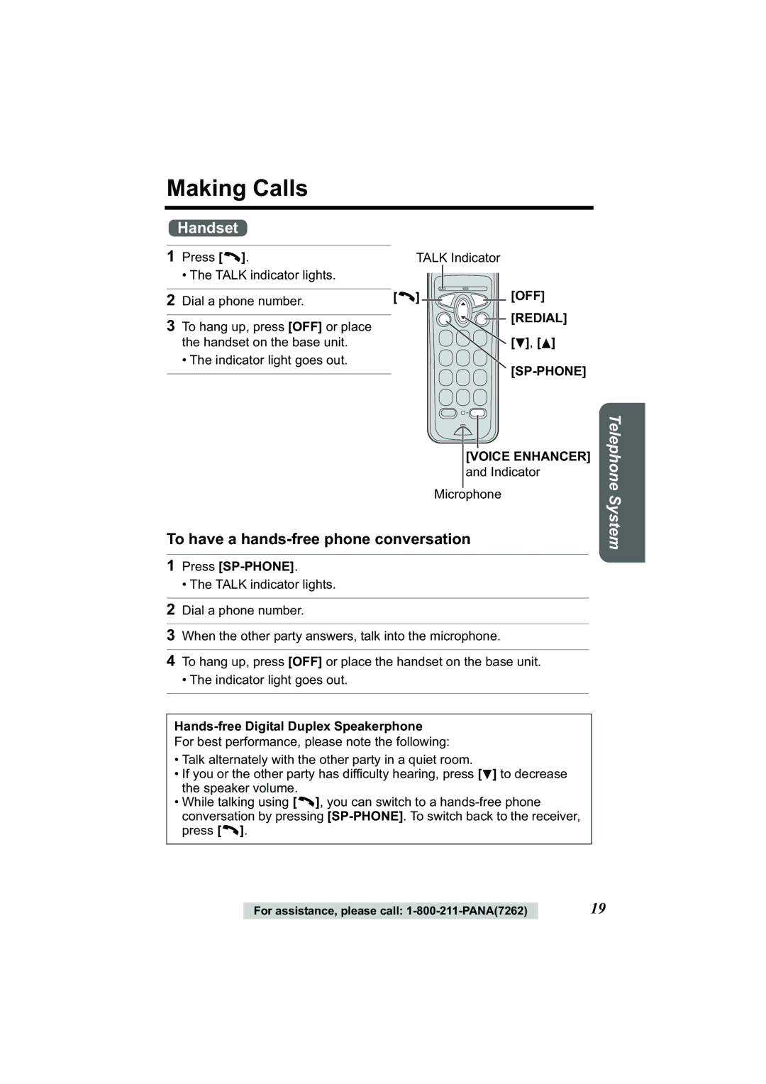 Panasonic Acr14CF.tmp Making Calls, To have a hands-free phone conversation, OFF Redial d, B SP-PHONE, Press SP-PHONE 