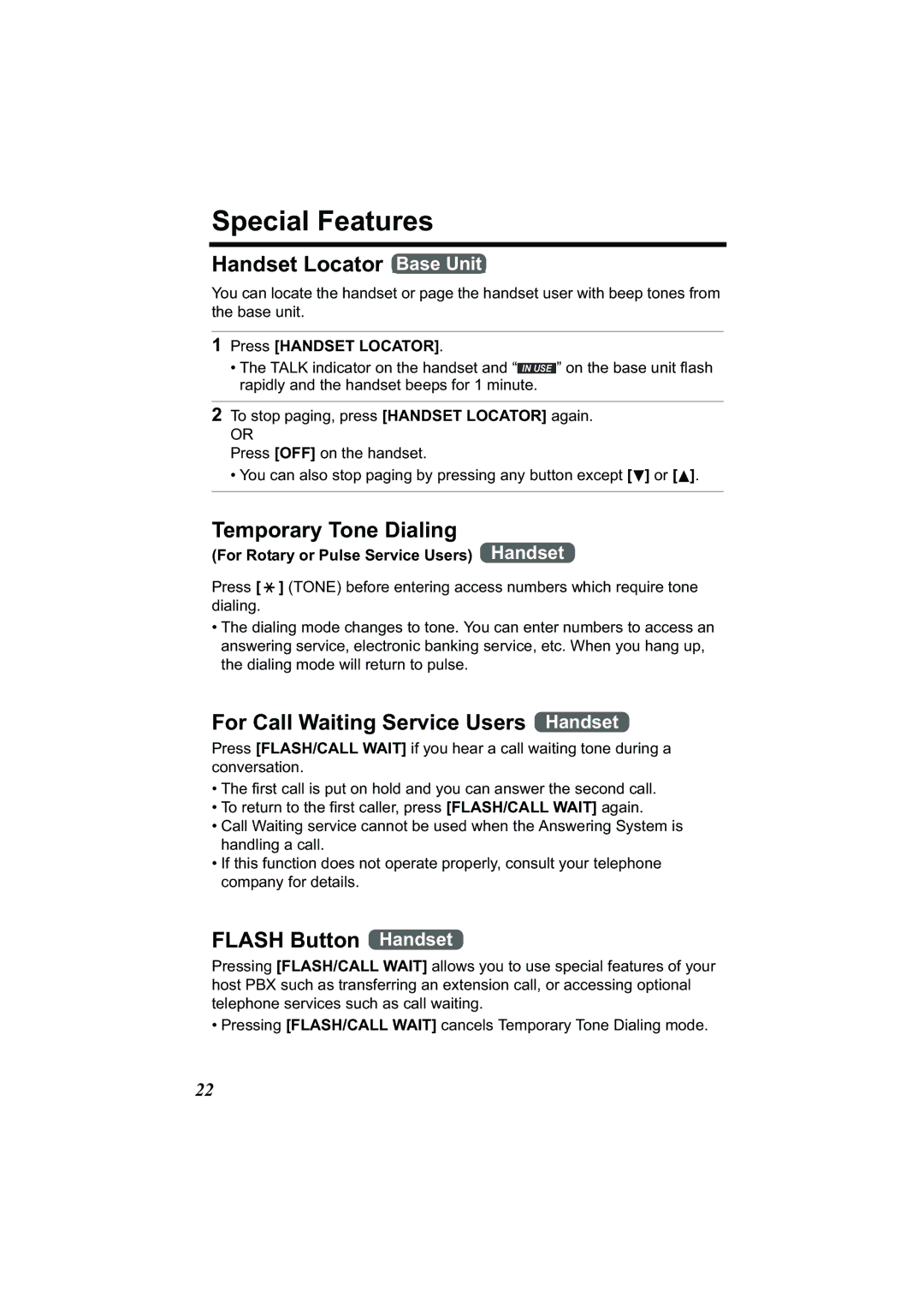 Panasonic Acr14CF.tmp manual Special Features, Handset Locator Base Unit, Temporary Tone Dialing, Flash Button Handset 