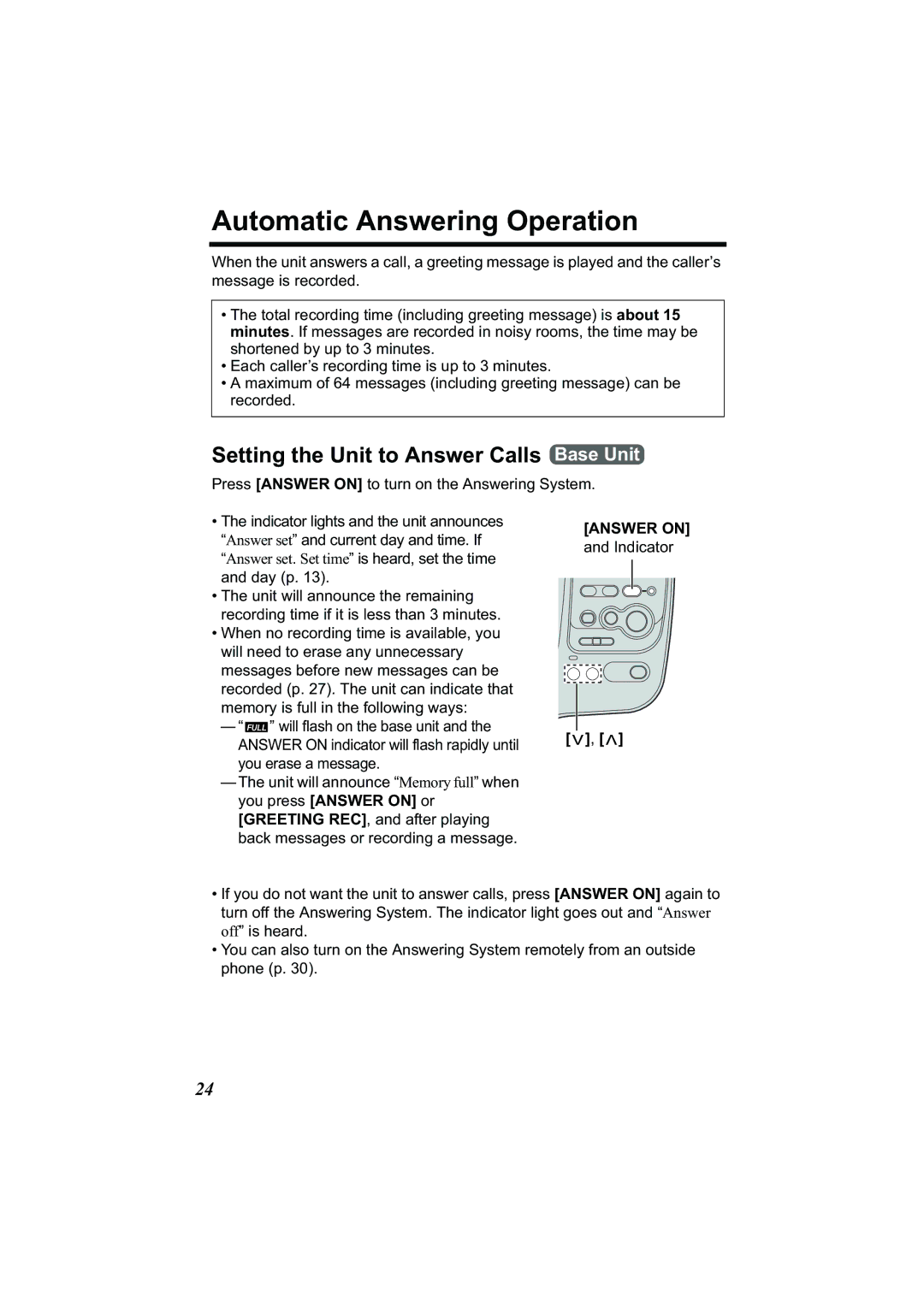 Panasonic Acr14CF.tmp manual Automatic Answering Operation, Setting the Unit to Answer Calls Base Unit 