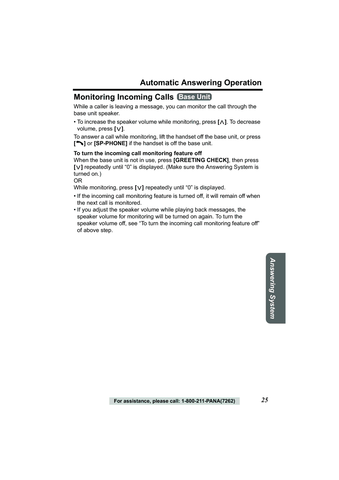 Panasonic Acr14CF.tmp manual To turn the incoming call monitoring feature off 