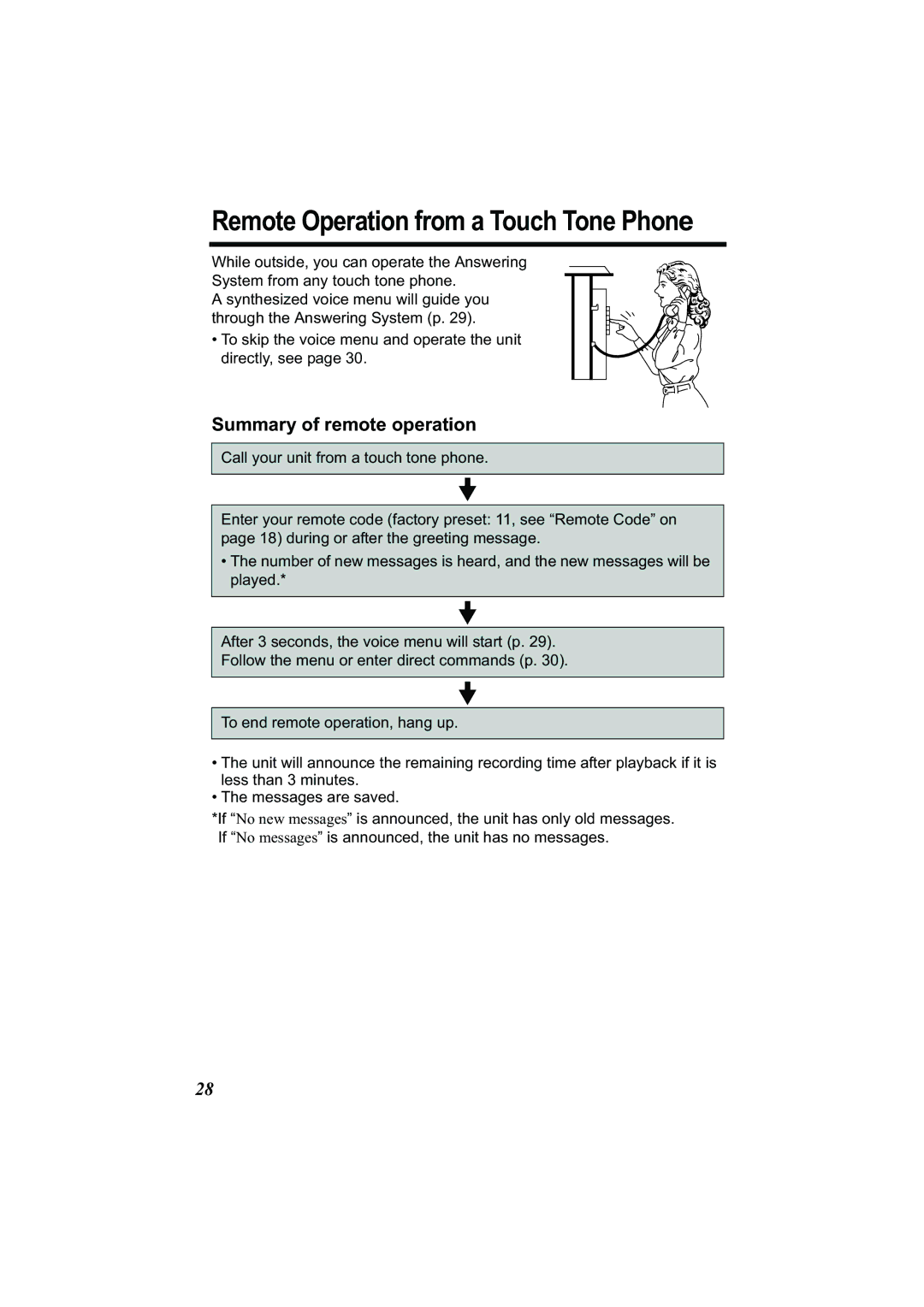 Panasonic Acr14CF.tmp manual Remote Operation from a Touch Tone Phone, Summary of remote operation 