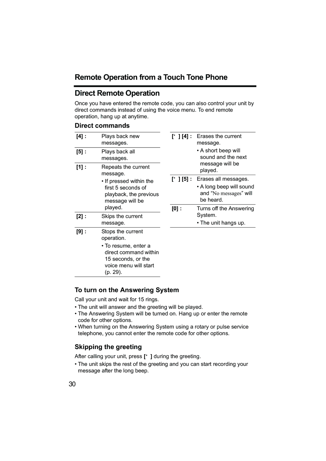 Panasonic Acr14CF.tmp manual Direct commands, To turn on the Answering System, Skipping the greeting 