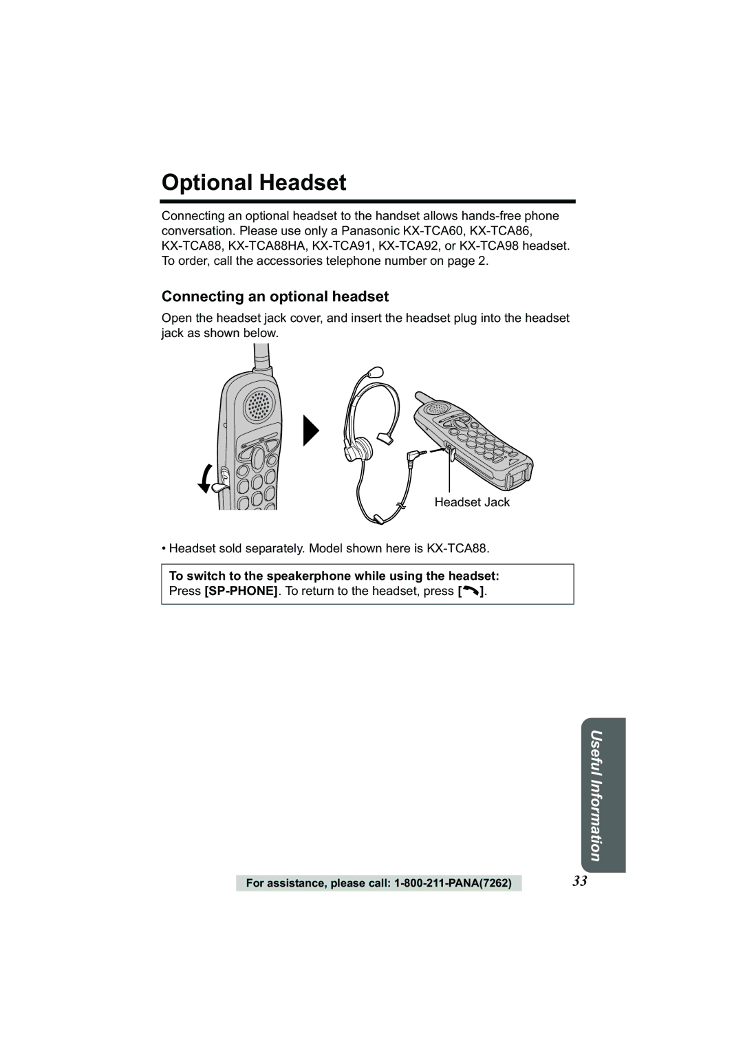 Panasonic Acr14CF.tmp manual Optional Headset, Connecting an optional headset 