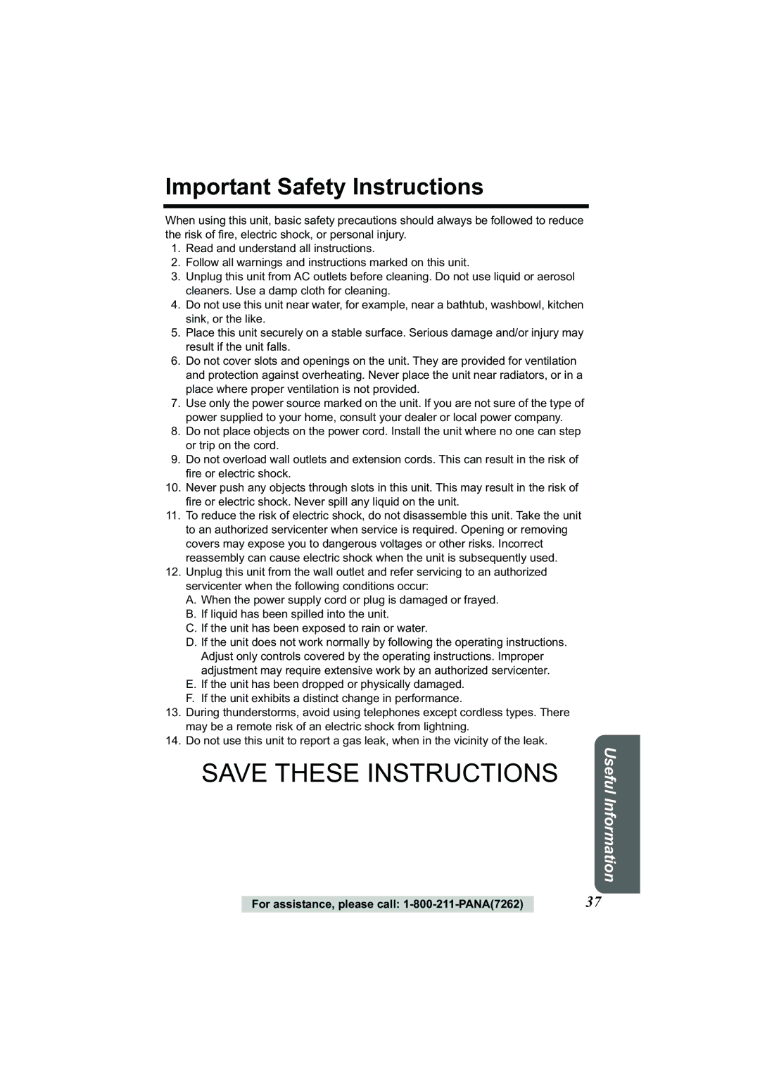 Panasonic Acr14CF.tmp manual Important Safety Instructions 