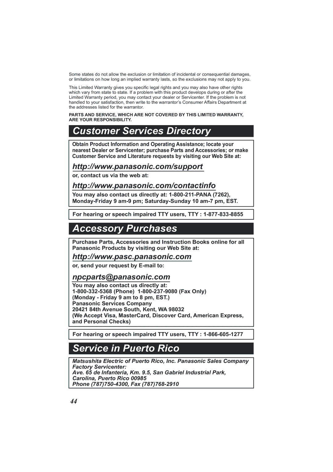 Panasonic Acr14CF.tmp manual Customer Services Directory 