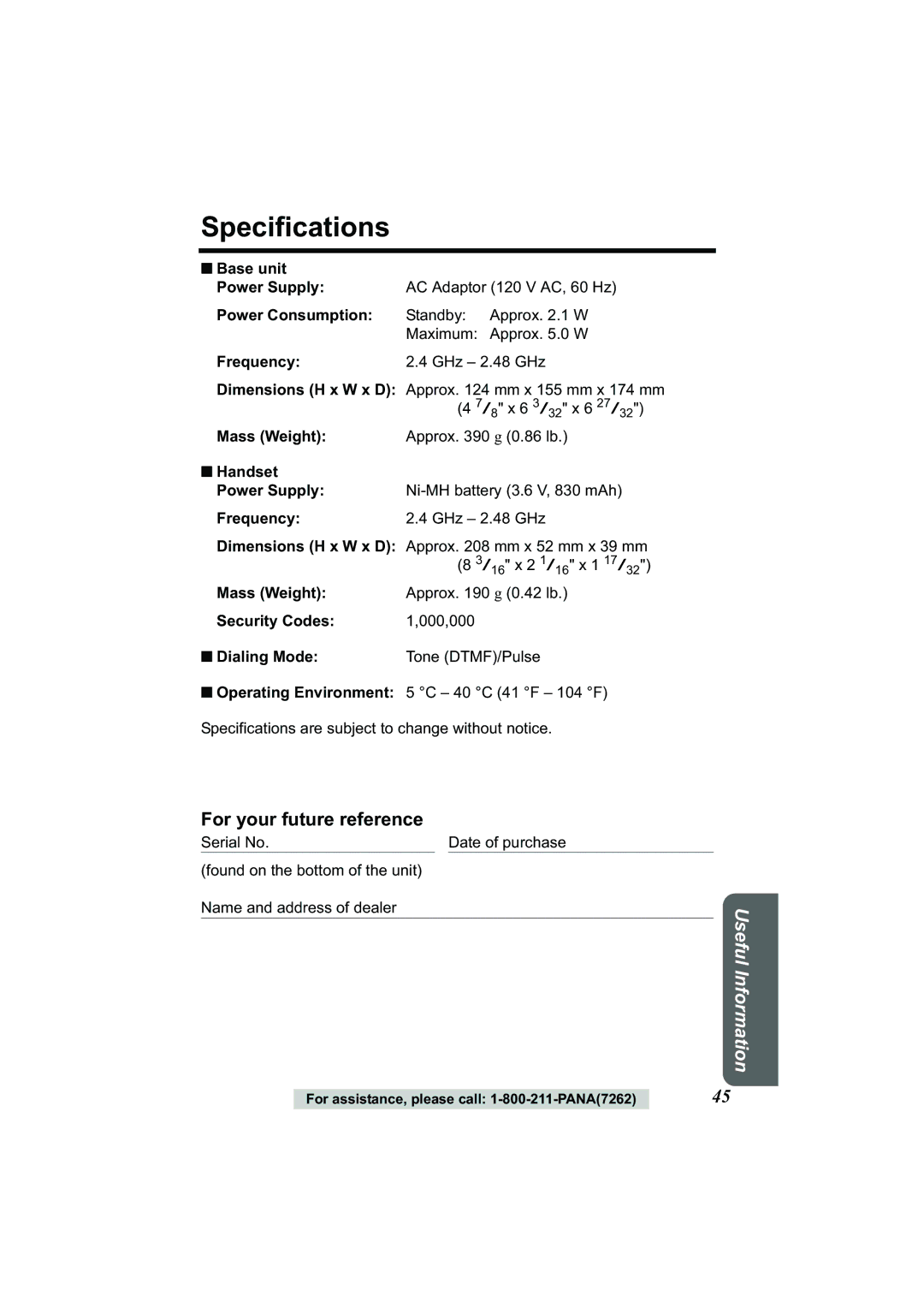 Panasonic Acr14CF.tmp manual Specifications, For your future reference 