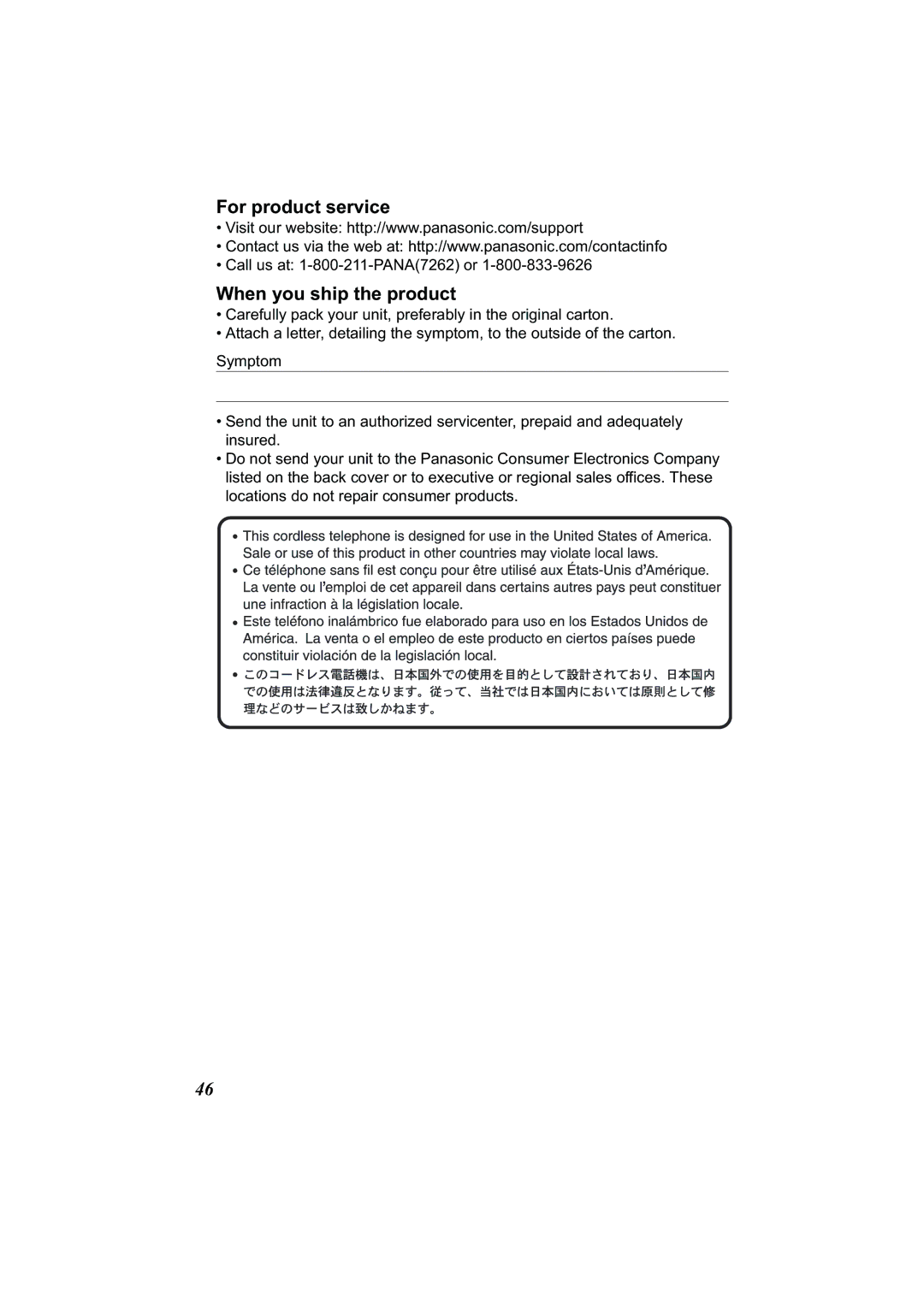 Panasonic Acr14CF.tmp manual For product service, When you ship the product 