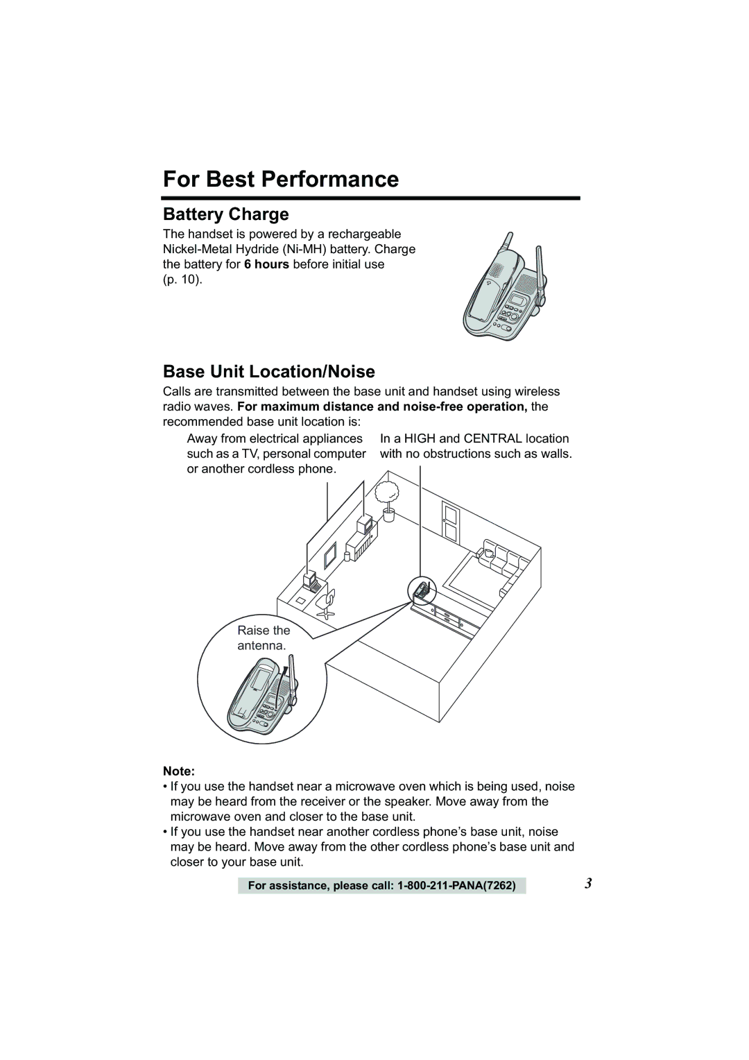 Panasonic Acr14CF.tmp manual For Best Performance, Battery Charge, Base Unit Location/Noise 