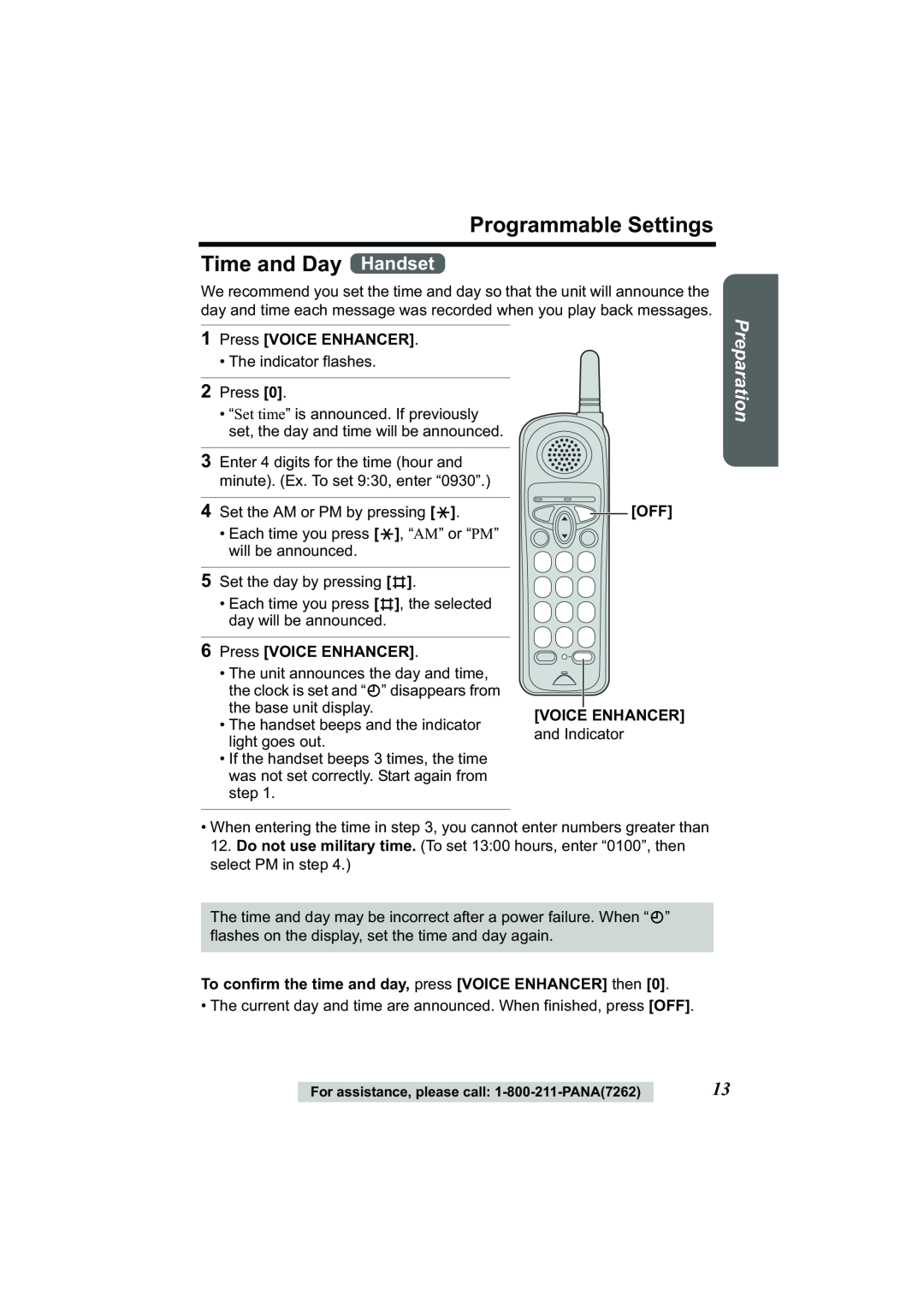 Panasonic Acr14CF.tmp Programmable Settings Time and Day Handset, 1Press VOICE ENHANCER, Preparation, Off Voice Enhancer 