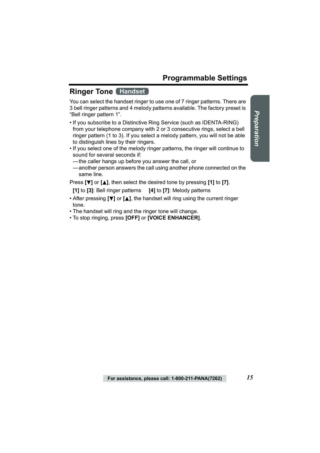 Panasonic Acr14CF.tmp manual Programmable Settings Ringer Tone Handset, Preparation 