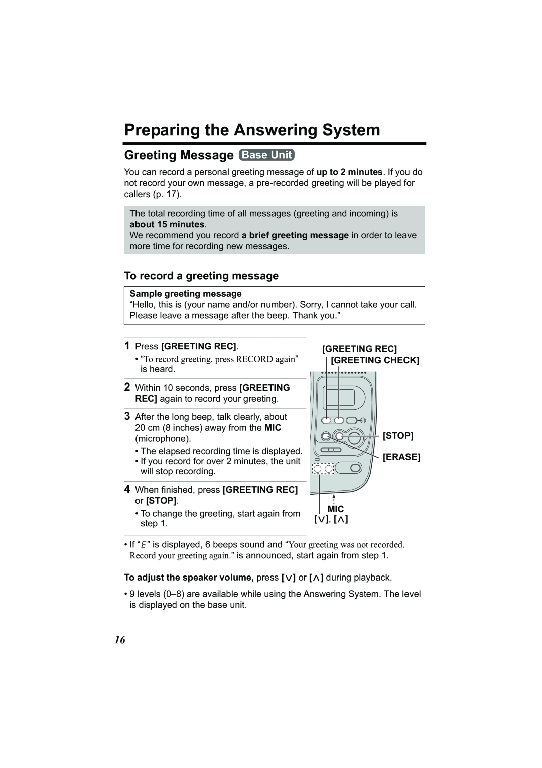 Panasonic Acr14CF.tmp manual Preparing the Answering System, Greeting Message Base Unit, To record a greeting message 