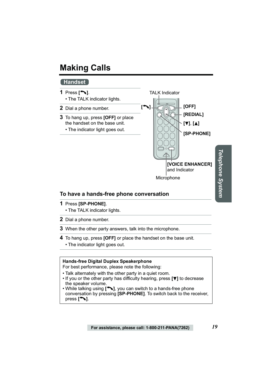 Panasonic Acr14CF.tmp manual Making Calls, Handset, To have a hands-freephone conversation, Telephone System 