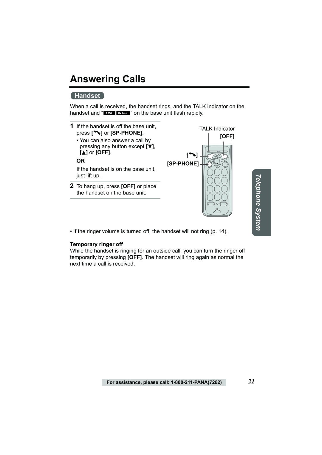 Panasonic Acr14CF.tmp manual Answering Calls, Handset, Telephone System 