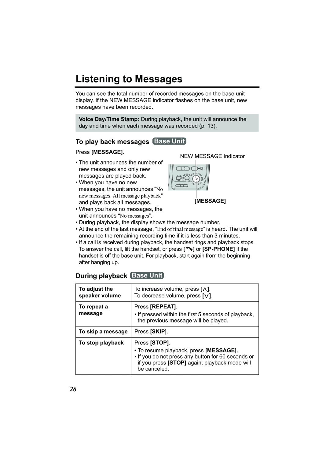 Panasonic Acr14CF.tmp manual Listening to Messages, To play back messages Base Unit, During playback 