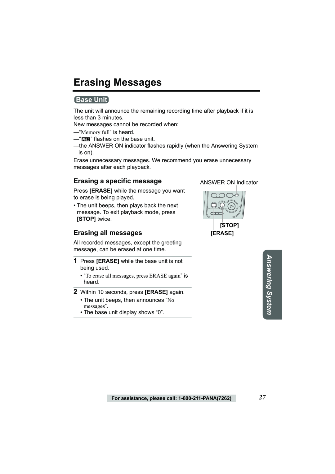 Panasonic Acr14CF.tmp Erasing Messages, Erasing a specific message, Erasing all messages, Base Unit, Answering System 