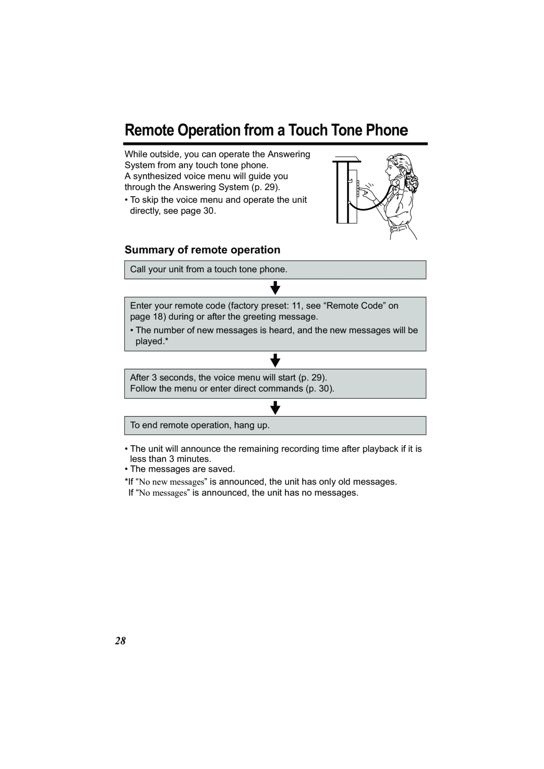 Panasonic Acr14CF.tmp manual Summary of remote operation, Remote Operation from a Touch Tone Phone 