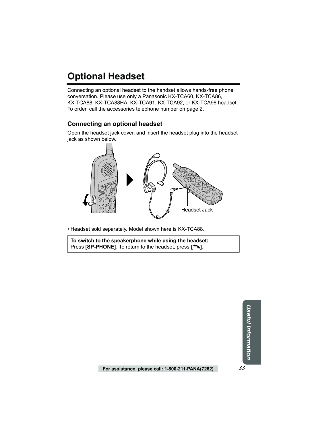Panasonic Acr14CF.tmp manual Optional Headset, Connecting an optional headset, Useful Information 