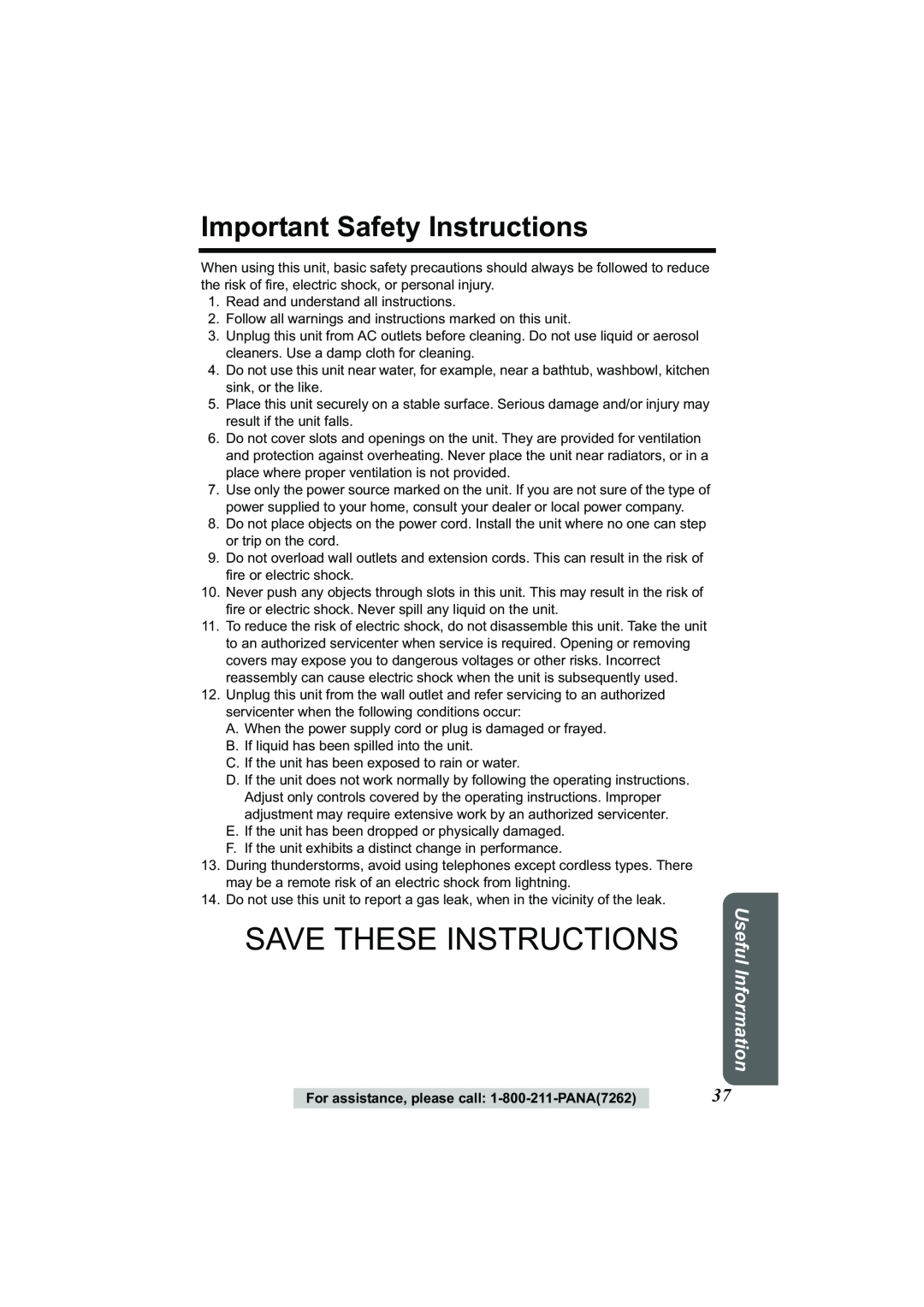 Panasonic Acr14CF.tmp manual Important Safety Instructions, Save These Instructions, Useful Information 