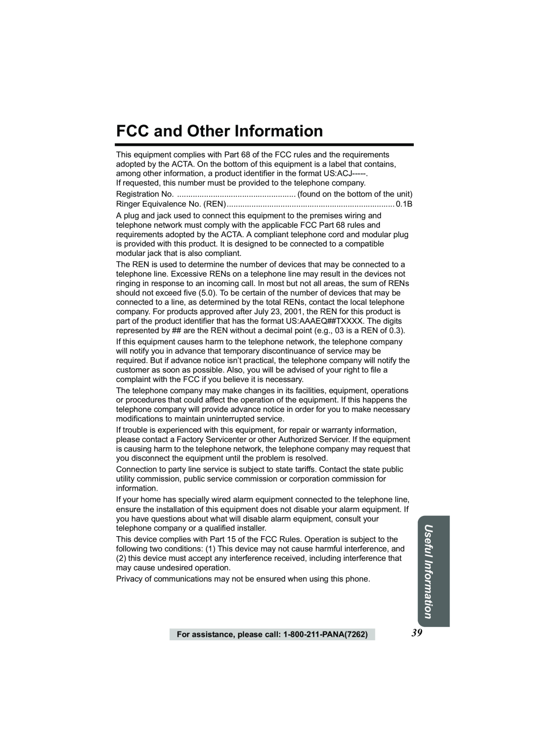 Panasonic Acr14CF.tmp manual FCC and Other Information, Useful Information 