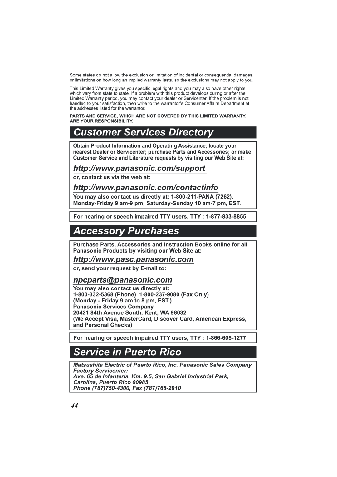 Panasonic Acr14CF.tmp manual Customer Services Directory, Accessory Purchases, Service in Puerto Rico 