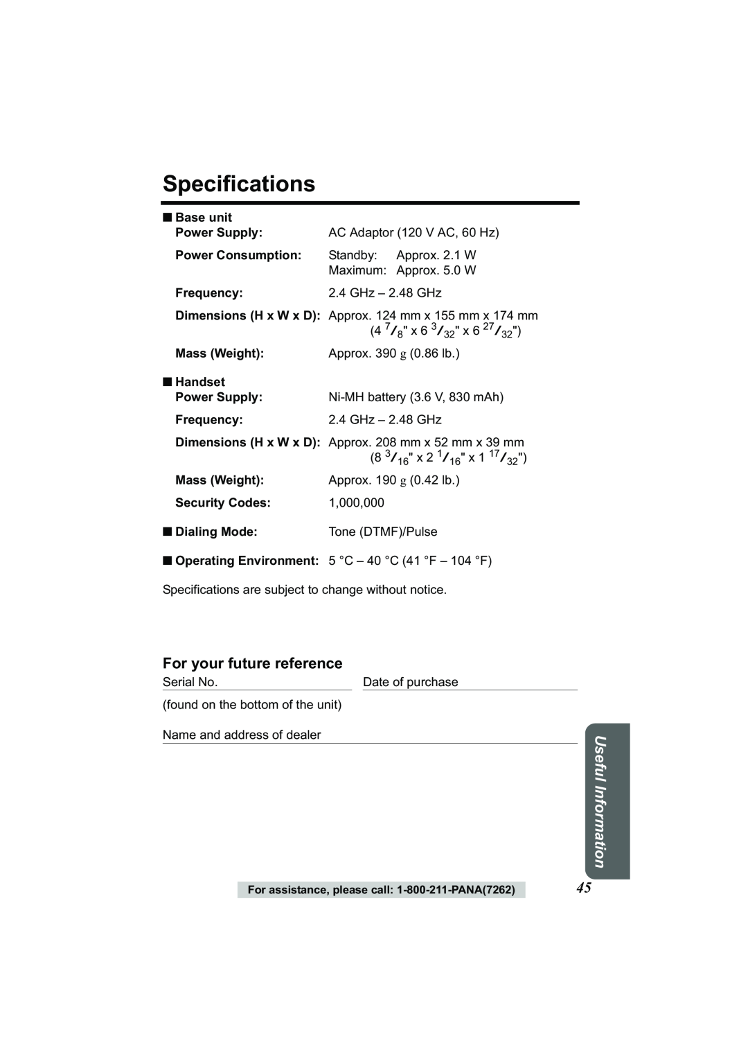 Panasonic Acr14CF.tmp manual Specifications, For your future reference, Useful Information 