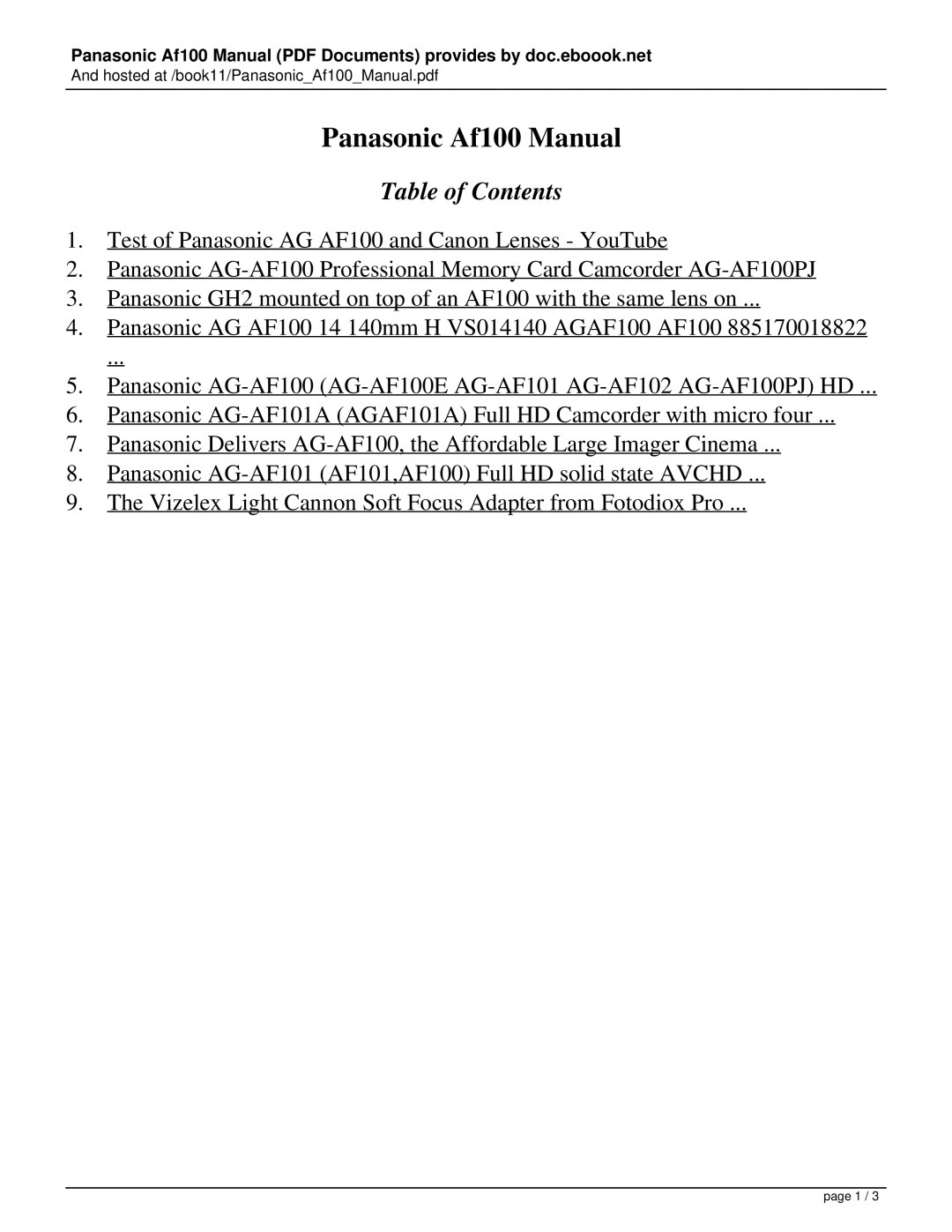 Panasonic AG100, AF100 manual Panasonic Af100 Manual, Table of Contents 