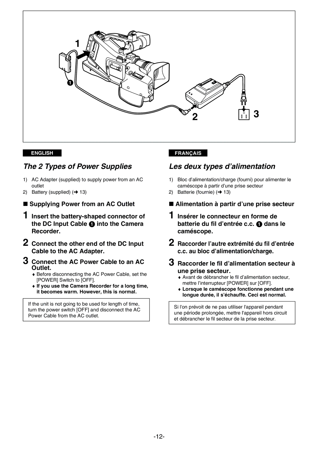 Panasonic AG- DVC 15P manual Types of Power Supplies, Les deux types d’alimentation 