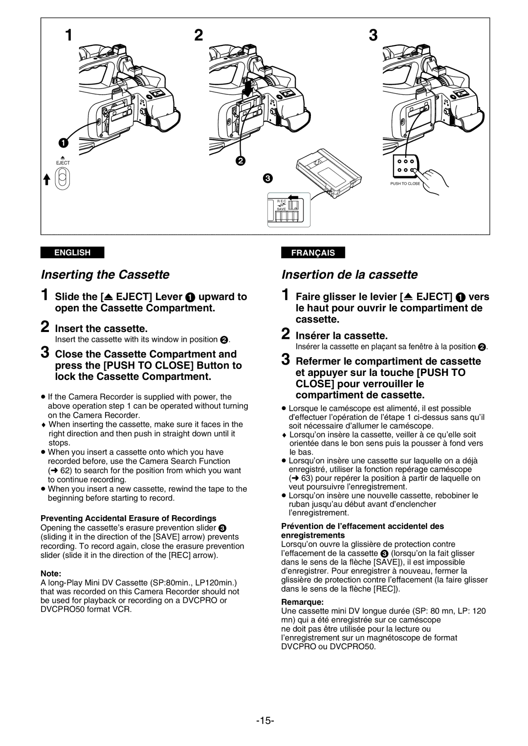 Panasonic AG- DVC 15P manual Inserting the Cassette, Insertion de la cassette, Preventing Accidental Erasure of Recordings 