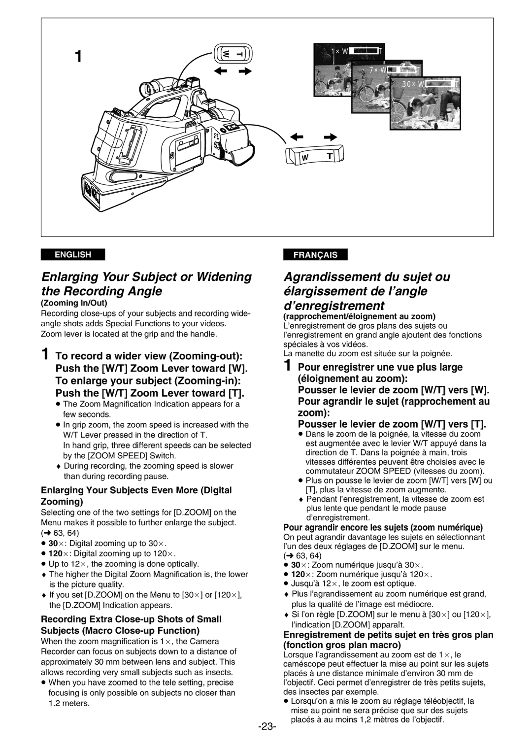 Panasonic AG- DVC 15P manual Enlarging Your Subject or Widening the Recording Angle, Zooming In/Out 