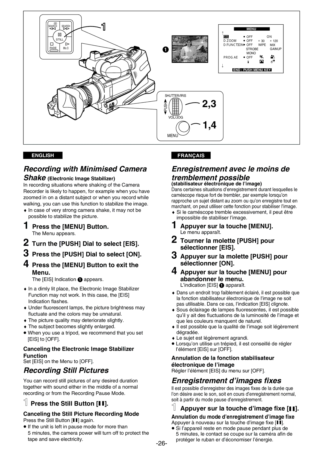 Panasonic AG- DVC 15P manual Recording with Minimised Camera, Enregistrement avec le moins de tremblement possible 