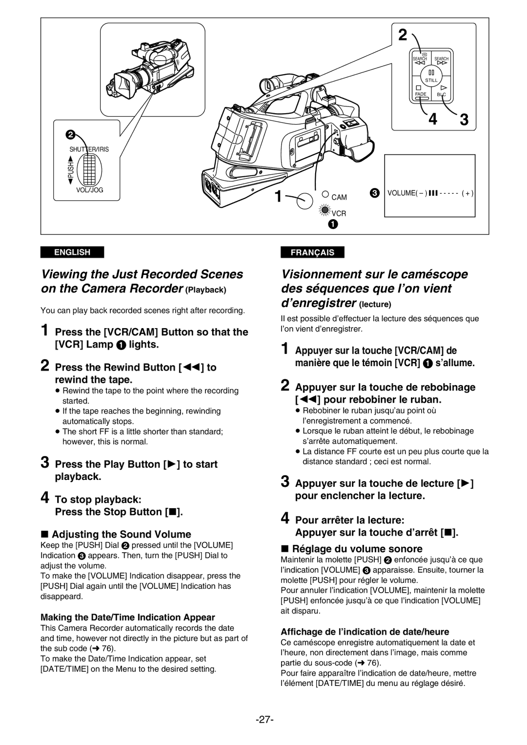 Panasonic AG- DVC 15P manual Making the Date/Time Indication Appear, Affichage de l’indication de date/heure 