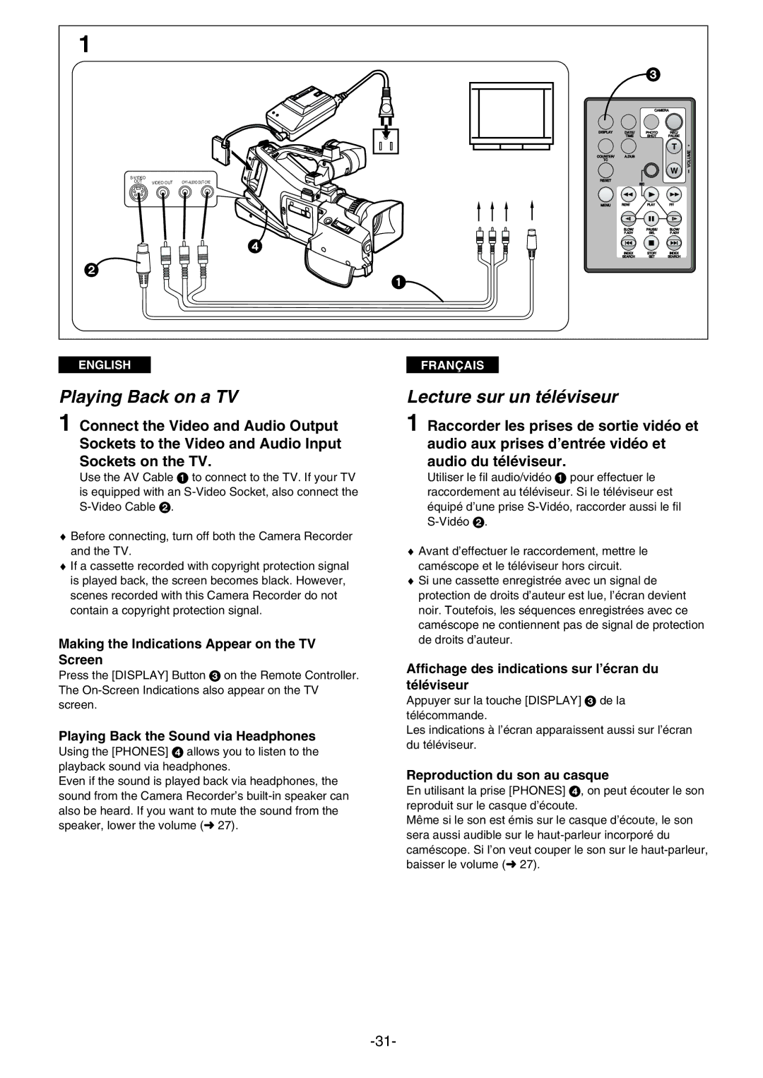 Panasonic AG- DVC 15P manual Playing Back on a TV, Lecture sur un téléviseur 