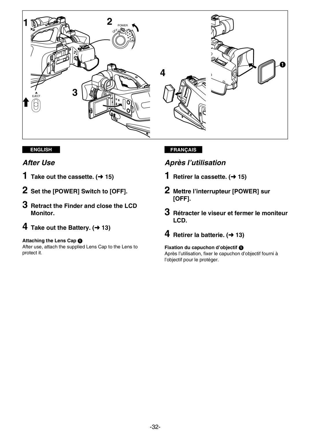 Panasonic AG- DVC 15P manual After Use, Après l’utilisation, Attaching the Lens Cap, Fixation du capuchon d’objectif 