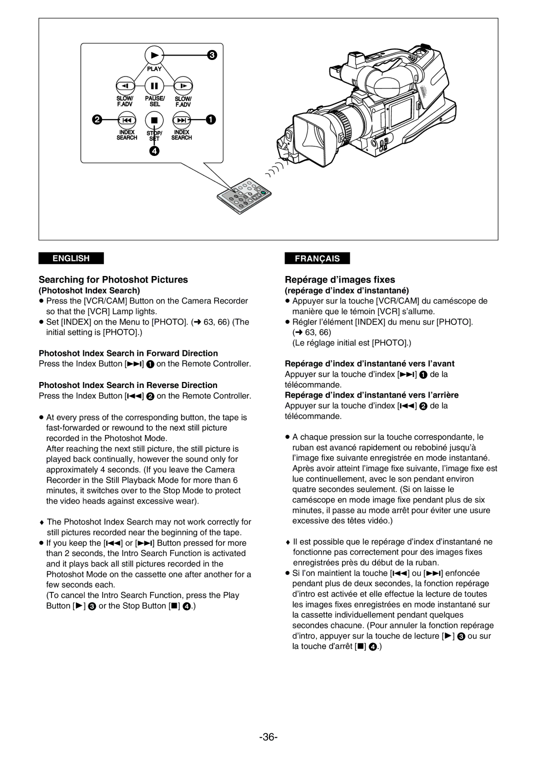 Panasonic AG- DVC 15P manual Searching for Photoshot Pictures, Repérage d’images fixes 