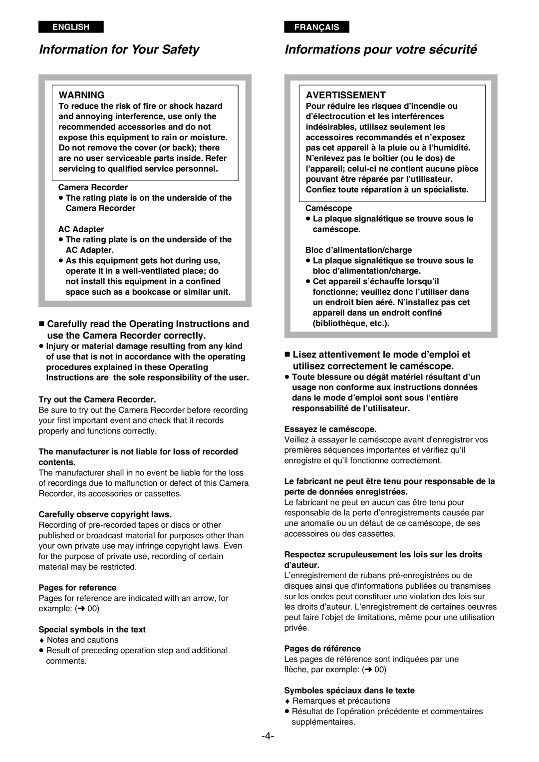 Panasonic AG- DVC 15P manual Information for Your Safety, Informations pour votre sécurité 