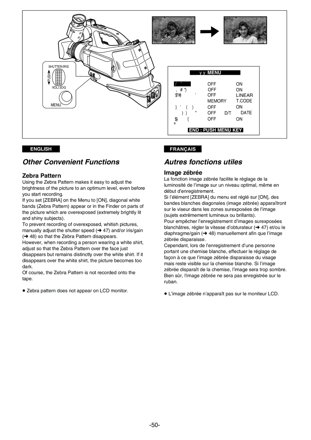 Panasonic AG- DVC 15P manual Other Convenient Functions, Autres fonctions utiles, Zebra Pattern, Image zébrée 