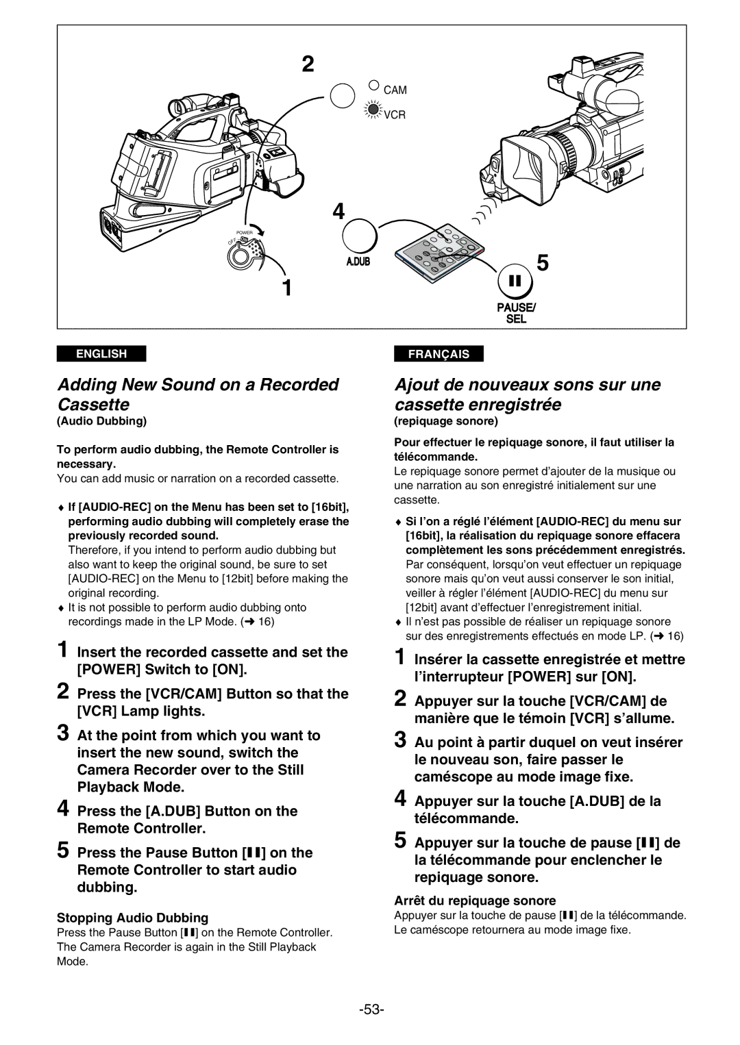 Panasonic AG- DVC 15P manual Adding New Sound on a Recorded Cassette, Ajout de nouveaux sons sur une cassette enregistrée 