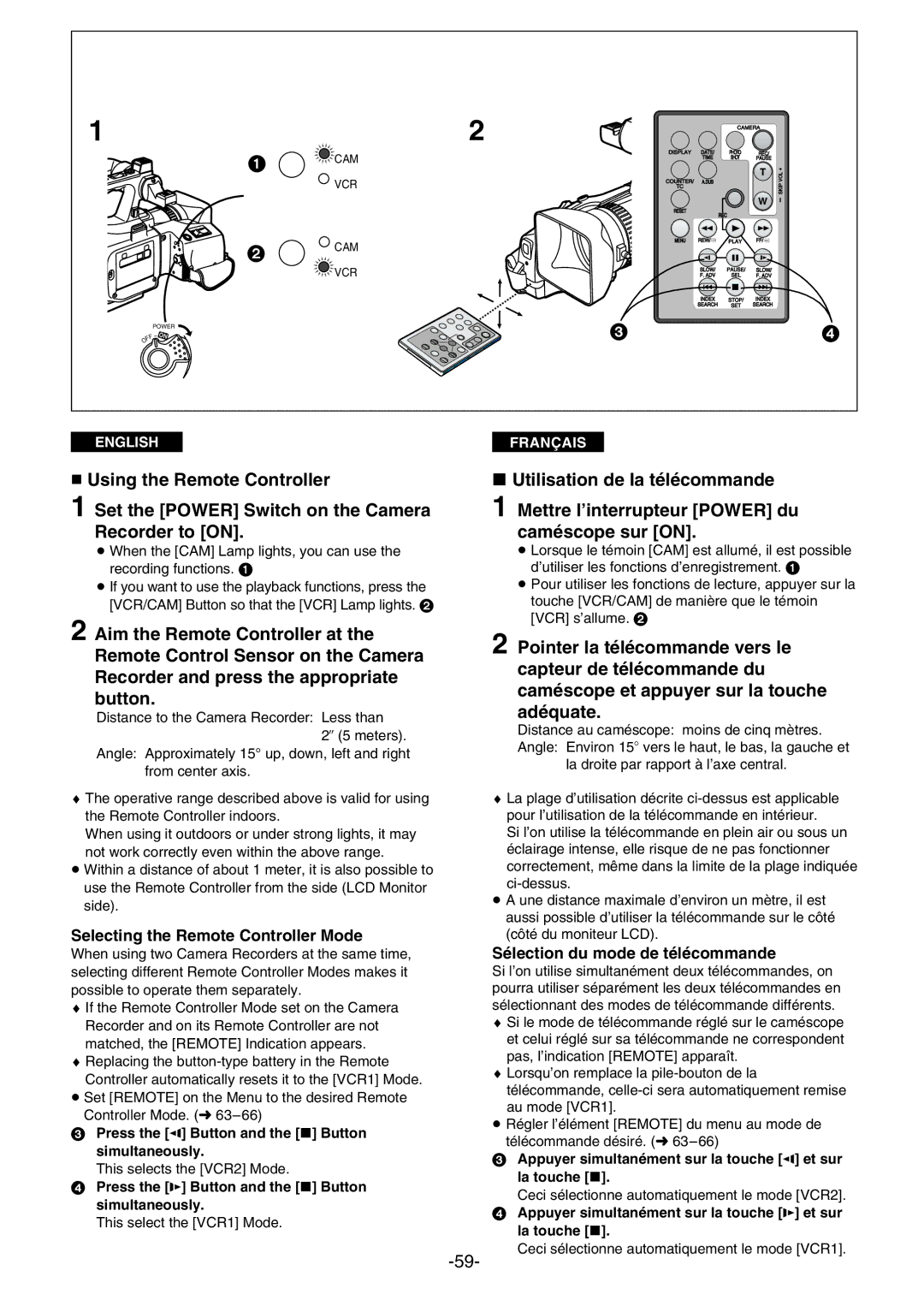 Panasonic AG- DVC 15P manual Selecting the Remote Controller Mode, Sélection du mode de télécommande 