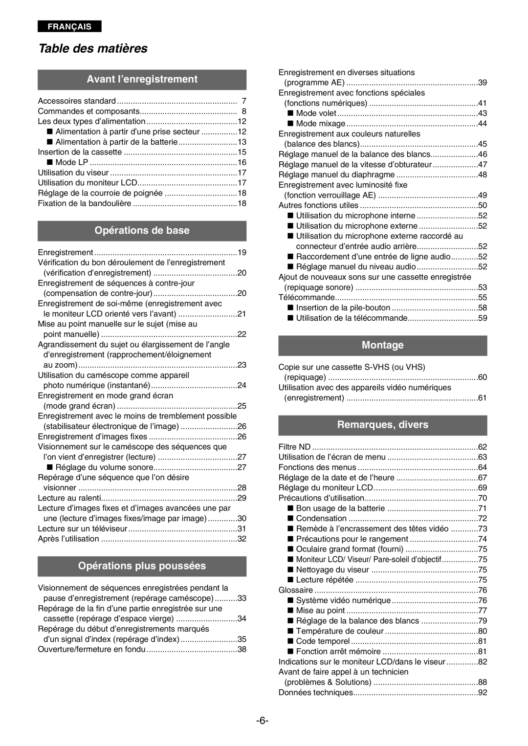 Panasonic AG- DVC 15P manual Table des matières, Avant l’enregistrement 