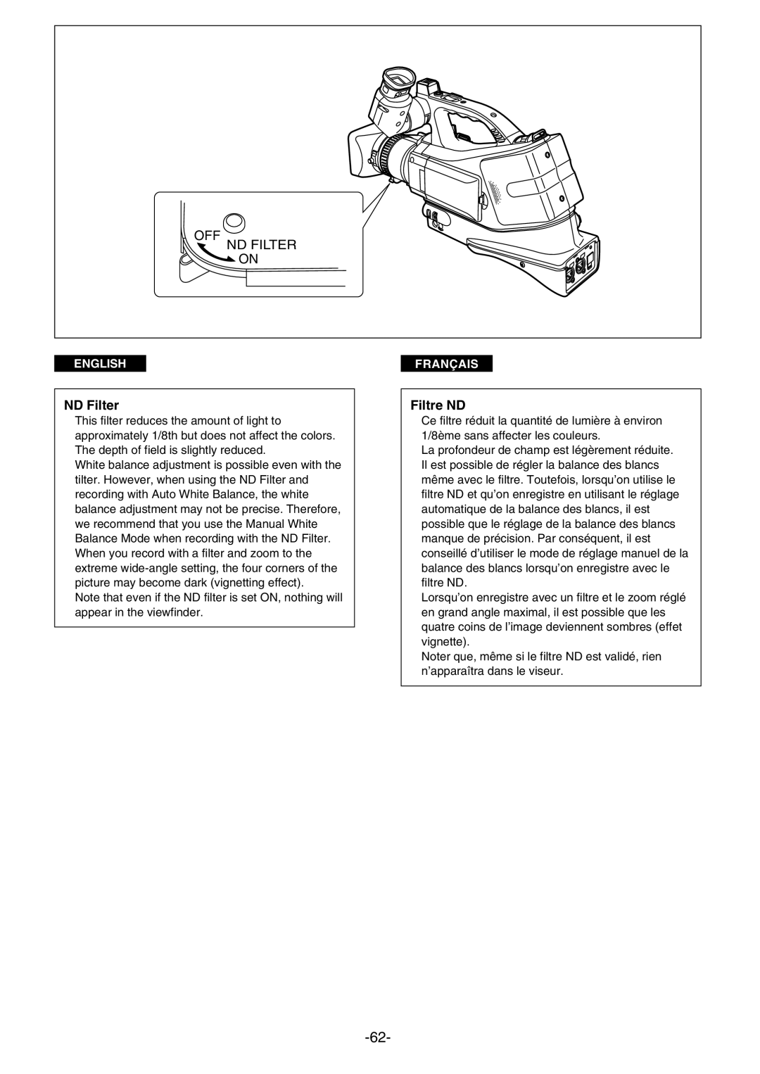 Panasonic AG- DVC 15P manual ND Filter, Filtre ND 