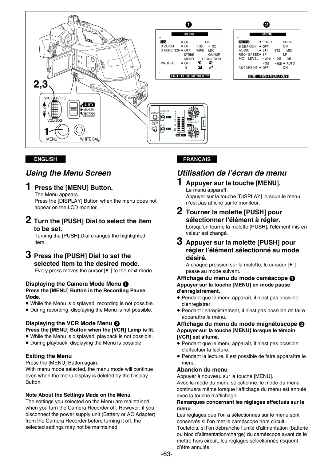 Panasonic AG- DVC 15P manual Using the Menu Screen, Utilisation de l’écran de menu 